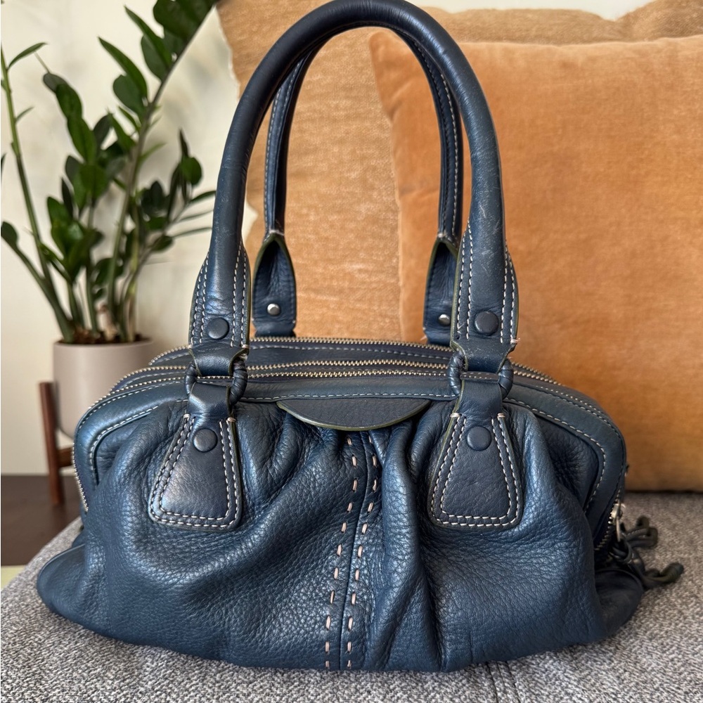 Cole Haan Blue Leather Satchel with Contrast Stitching